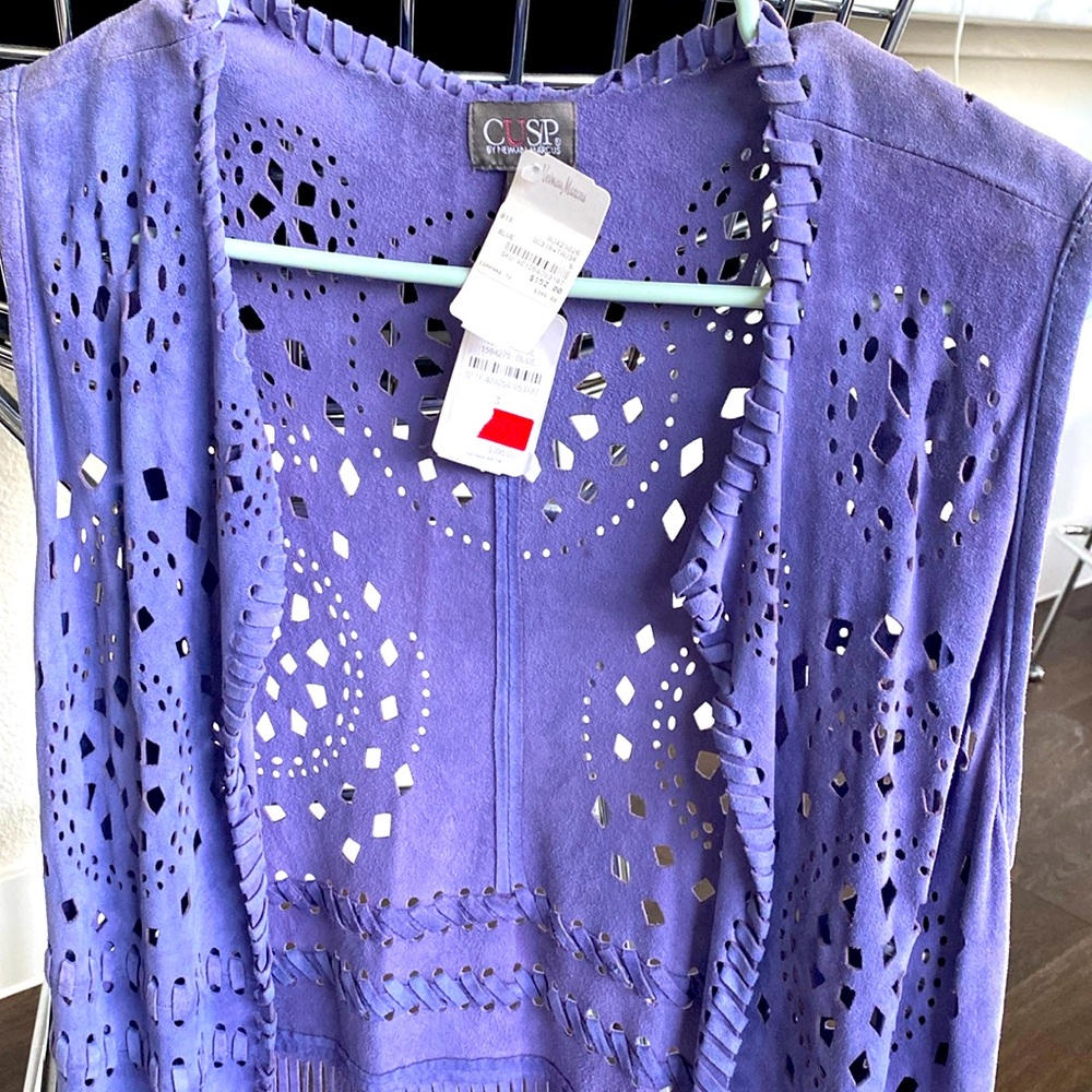 NWT Neiman Marcus CUSP purple Suede fringe vest, Sz S